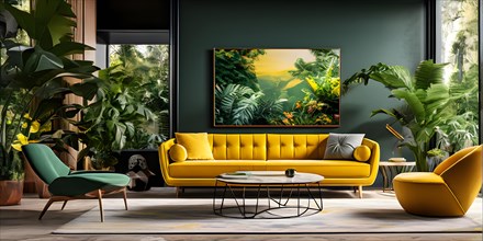 Luxury living room in a modern biophilic concept design with yellow and green sofa, AI generated