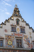 Detail of the colourfully painted, richly decorated facade, Old Town Hall, Lindau Island, Lake