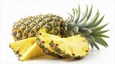 Sliced pineapple with green leaves and juicy flesh atop a clean background, AI generated