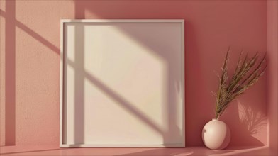 Minimalistic interior with an empty frame against a red wall, a white vase with plants, and
