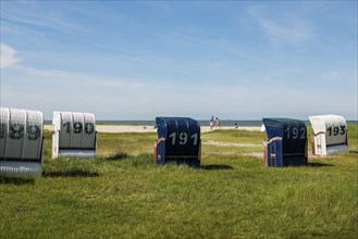 Beach chairs on the sandy beach, Hooksiel, Wangerland, East Frisia, Lower Saxony, Germany, Europe