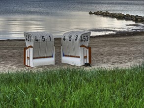 Two white beach chairs in front of a green meadow, sandy beach and calm sea in the background,
