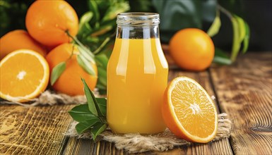 A small bottle of orange juice, half and whole orange on a rustic table, AI generated, AI generated