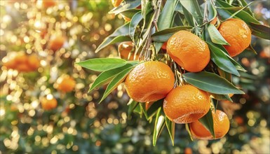 Close-up of ripe mandarins on a branch in sunlight, leaves and blurred background, AI generated, AI