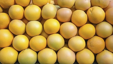 A pile of yellow grapefruit, neatly stacked at a market stall, AI generated, AI generated