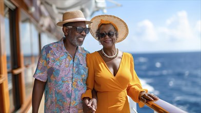 Happy african american senior couple portrait on the deck of their luxury cruise ship. generative