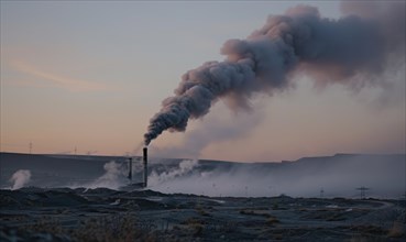 Smoke rising from a waste incineration facility, air pollution AI generated