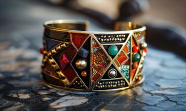 A bold statement cuff bracelet featuring geometric patterns and semi-precious stones AI generated