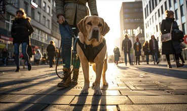 A guide dog leading its owner along a suburban sidewalk AI generated