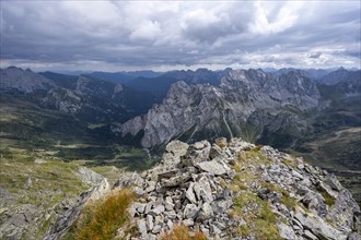 View from the summit of the Raudenspitze or Monte Fleons, mountain panorama with rocky mountain