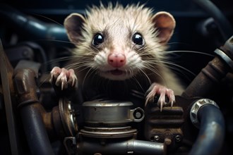 Wild ferret inside car engine, AI generated