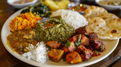 A full spread of Indian cuisine with a selection of traditional dishes and naan bread, AI generated