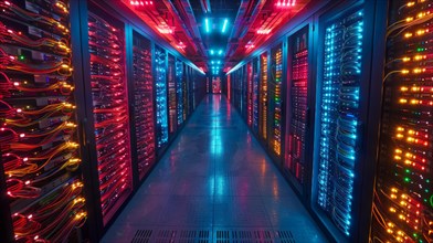 High-tech data center with server racks under a vibrant red and blue LED lighting, AI Generated, AI