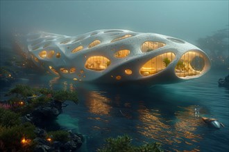 Futuristic building with organic designs illuminated at night surrounded by mist and water, AI