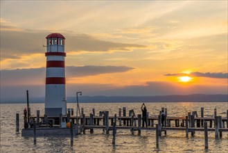 Sunset, lighthouse, jetty, Lake Neusiedl, Austria, Europe