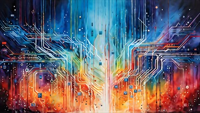 Illustration of abstract data stream cascades over a circuit board transforming into swirling