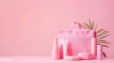 A pink purse with makeup and other cosmetic beauty items on a table, AI generated