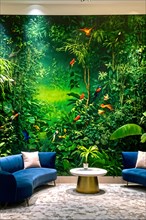 Luxury living room in a modern biophilic concept design with a blue sofa, AI generated