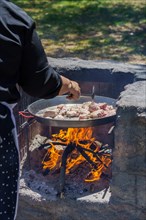 Woman frying chicken in a paella pan on the fire in the countryside to make a typical spanish