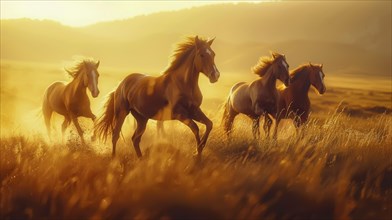 Close-up of horses galloping through a field during sunset, radiating energy and wildness, AI