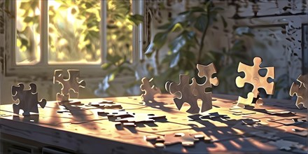 Illustration of scattered puzzle pieces sprawled across a table, AI generated