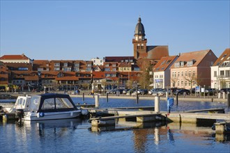 Town view with town harbour at the Mueritzsee, Town view with harbour and church St. Marien, Waren,
