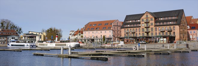 City panorama with city harbour at Lake Mueritz, Waren, Mueritz, Mecklenburg Lake District,