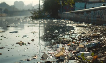 Polluted waterway filled with debris and plastic waste AI generated