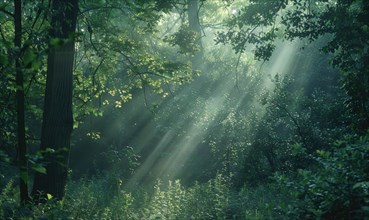 Soft morning sunlight filtering through a dense forest canopy AI generated