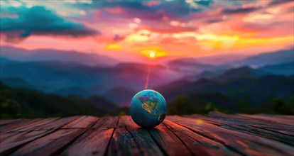 An Earth globe placed on a wooden deck overlooking a mountain range against a colorful sunrise sky