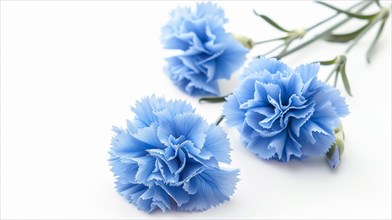 A serene display of blue carnations with soft, intricate petals on a clear white backdrop