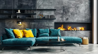 Modern living room in a condo or loft with modern trendy furniture, AI generated