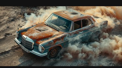 Rusty vintage car surrounded by smoke in a desolate setting, AI generated