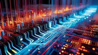 Illustration of abstract data stream cascades over a circuit board transforming into swirling