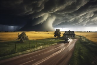 Disaster catastrophe storm concept, tornado in a field in the USA with wooden house and car on road