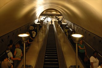 Escalators in the Tooting Broadway underground railway, London, England, Great Britain