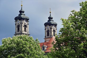The church towers of the Basilica of St Alexander and St Theodor, Ottobeuren Monastery, Allgaeu,