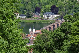 View from the Koenigstuhl station of the mountain railway to Heidelberg with the Old Bridge,