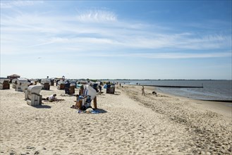 Beach chairs on the sandy beach, Hooksiel, Wangerland, East Frisia, Lower Saxony, Germany, Europe