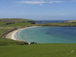 A tranquil coastal scene with a curving sandy beach, lush green meadows and clear blue water under