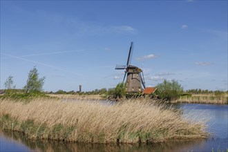 A windmill stands on the riverbank, grass and reeds surround the scene under a blue sky, many