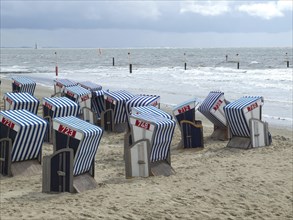 Several blue and white beach chairs stand on a sandy beach with a cloudy sky and the sea in the
