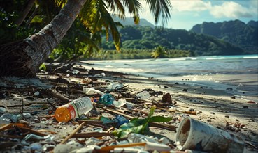 Plastic pollution on a remote beach AI generated