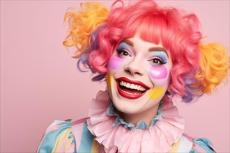 Happy young woman with colorful clown makeup and hair. KI generiert, generiert, AI generated