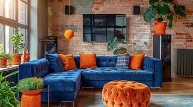 Modern living room in a condo or loft with modern trendy furniture a blue couch and orange pillows,