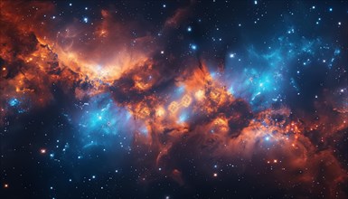 A mesmerizing deep space nebula with swirling clouds of stars and cosmic dust in blue and orange