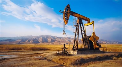Large oil rig is in the desert. Concept of oil exploration, earth exploitation and corporate greed,