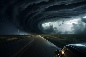 Disaster catastrophe storm concept, tornado in a field in the USA with car on road driving towards