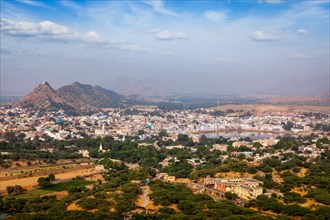 Holy city Pushkar aerial view from Savitri temple. Rajasthan, India, Asia