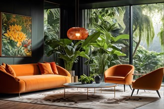 Luxury living room in a modern biophilic concept design with orange sofas, AI generated
